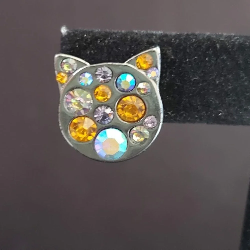 Betsey Johnson Black Cat Stud Earrings Gunmetal Multicolor Crystal Rhinestone BJ